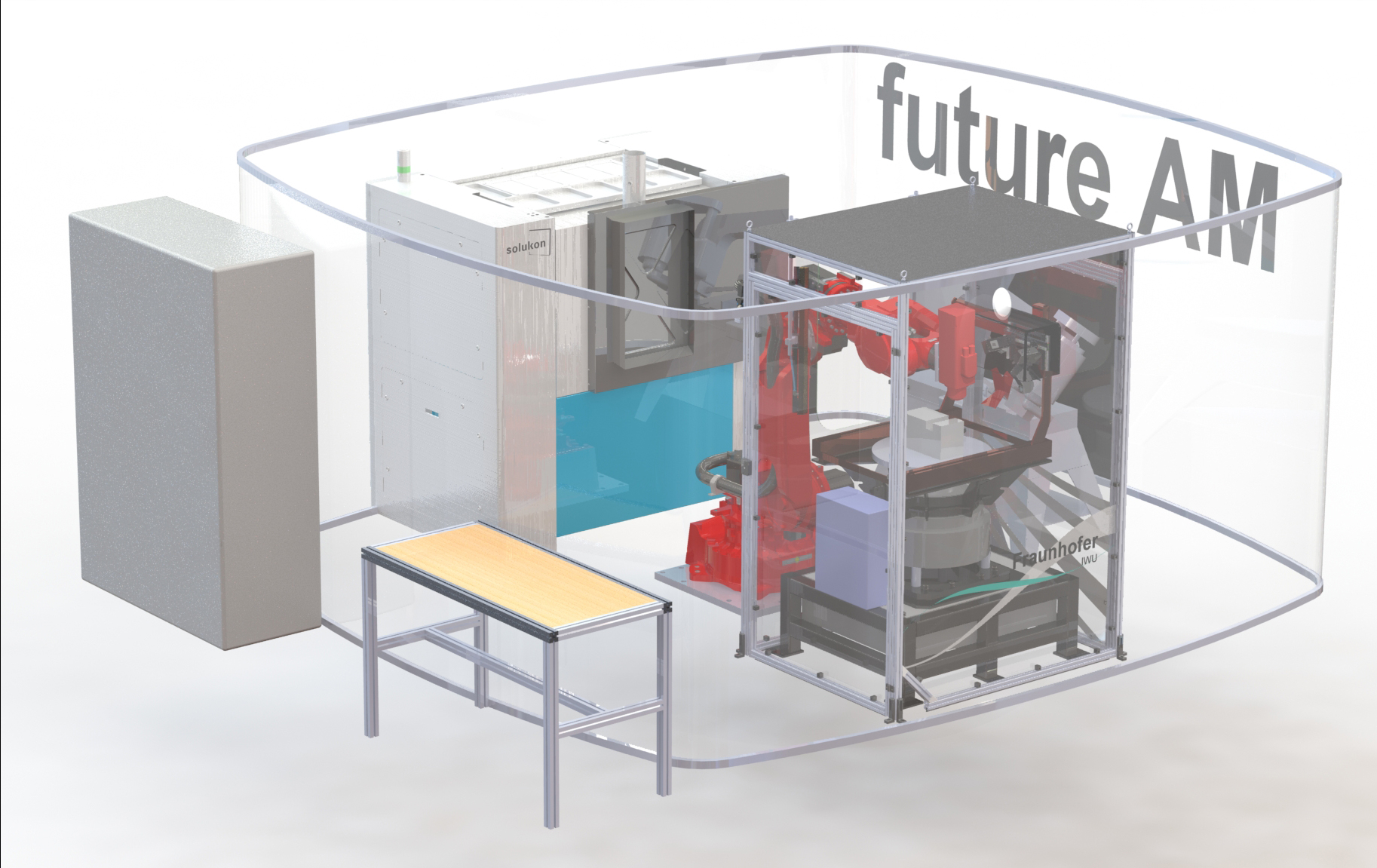 Autonome Nachbearbeitung: Konzept der Fertigungszelle zur autonomen Nachbearbeitung additiv gefertigter Bauteile.